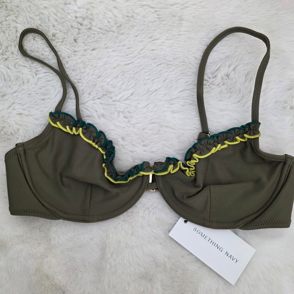 NEW Something Navy Olive Green Daffodil Rudfle Underwire Bikini Top